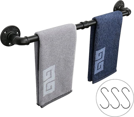 NearMoon Industrial Pipe Towel Bar, Heavy Duty Bathroom Hardware Towel Holder Accessory, Wall Mounted DIY Rustic Iron Bathroom Towel Rack Holder (24 Inch, Black)