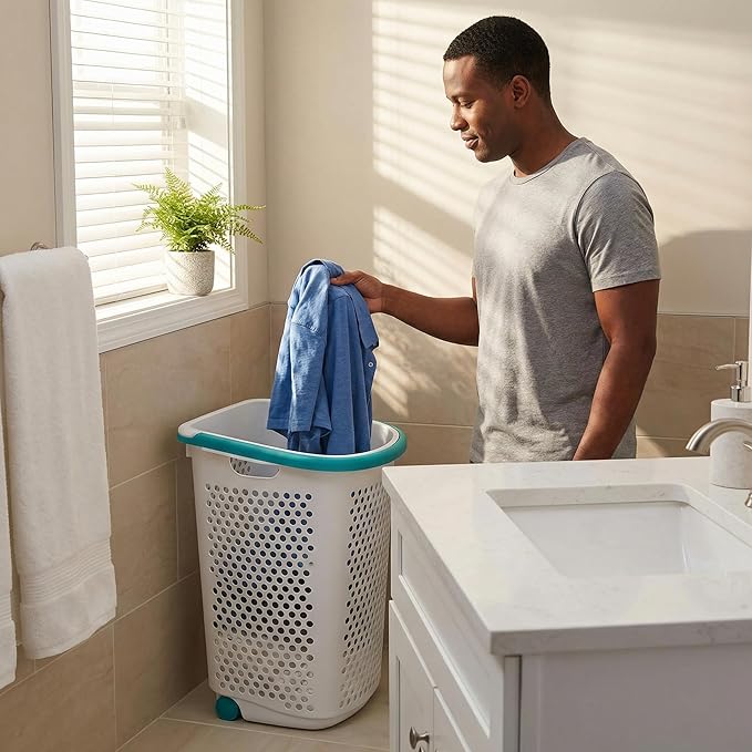 Heavy-Duty Plastic Wheeled Rolling Laundry Basket with Pop-Up Wide Handle, Ventilated Design, Easy to Clean, Spacious 70.52 Liters (2 Bushel), Large Capacity for Families, Dormitories, Laundry Rooms