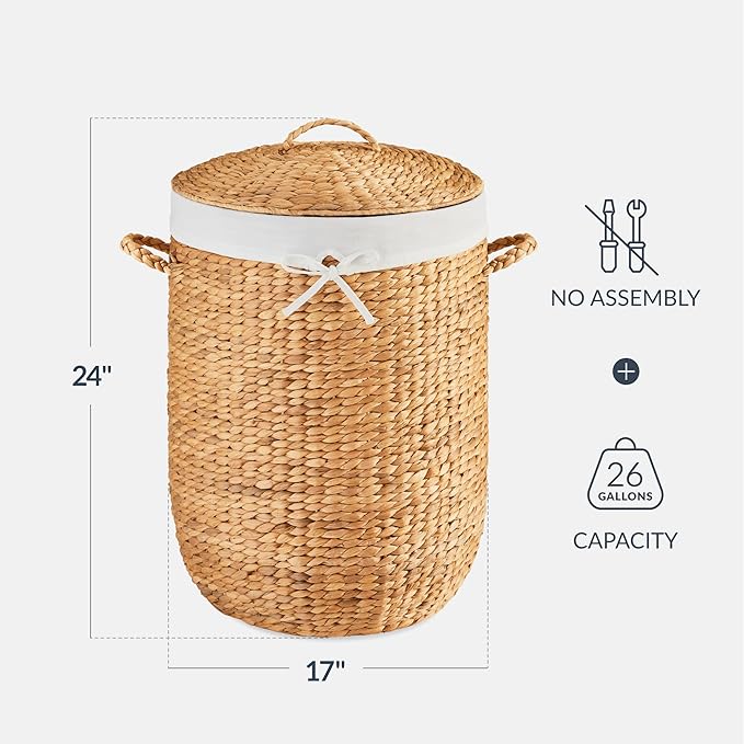 Best Choice Products Round Laundry Hamper w/Lid, Handwoven Laundry Basket, Built-in Handles & Removable Liner for Clothes, Towels, Blanket & Storage Organization - Natural