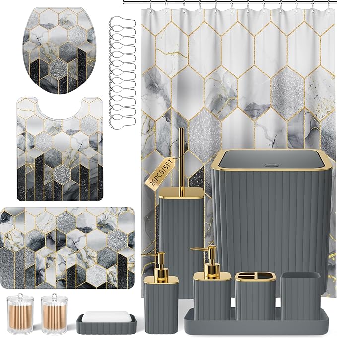XLHOMO Bathroom Set - 26PC Bathroom Set with Shower Curtain and Rugs, Bathroom Accessory Set, Grey Bathroom Accessories Set, Trash Can & Soap Dispenser