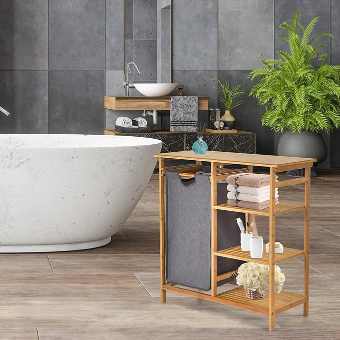 Giantex Bamboo Laundry Hamper Stand, Freestanding Laundry Organizer w/Removable Sliding Bag & 3-Tier Open Shelves, Multipurpose Utility Storage Cabinet for Bathroom, Living Room, Bedroom, Natural