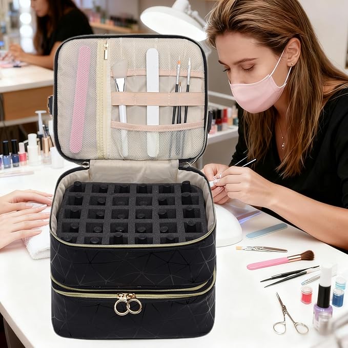3 Layers Nail Polish Organizer Bag - Holds 60 Bottles,Portable Travel Case with Shoulder Strap,Nail Tech Kit Storage,Versatile Cosmetics Case,Detachable,Waterproof,Gifts for Women