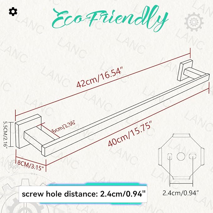 LANC Black Towel Bar for Bathroom Wall Mounted 16-Inche Matte Black Bath Towel Rack Stainless Steel Towel Rod for Cabinet Kitchen Towel Holder Towel Hanger Towel Rail, A9010MB-L4
