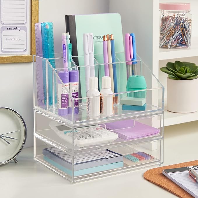 STORi Chloe Stackable Clear Makeup Holder and 4 Drawer Bundle | Organize Cosmetics and Beauty Supplies | Made in USA