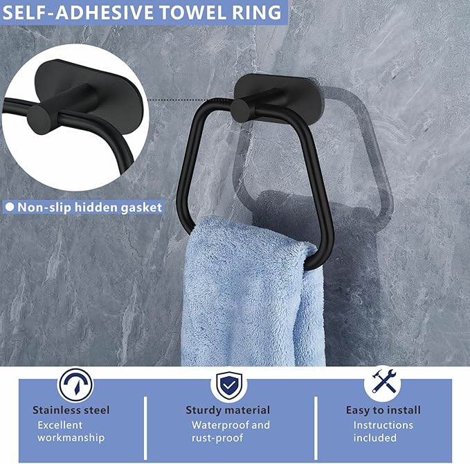 Self-Adhesive Towel Ring, Bathroom Hardware Accessories, 304 Stainless Steel Hand Towel Holder for Bathroom and Kitchen, Ladder Towel Hook, No Drill Installation Wall Mount (Black)