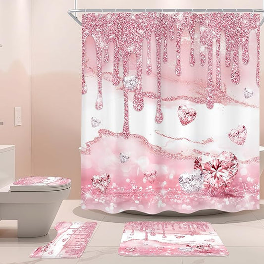 Cinbloo 4Pcs Pink Diamond Shower Curtain Set, Rose Gold Bling Modern Fashion Bathroom Curtain with Rug, Toilet Lid Cover, Bath Mat, Luxury Elegant Women Girls Shower Curtain with 12 Hooks