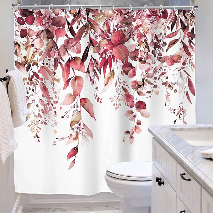 Riyidecor Burgundy Eucalyptus Leaves Shower Curtain for Bathroom Decor 72Wx72H Red Leaf Plants Botanical Leaf Floral Spring Herbs Art Printed Fabric Polyester Waterproof 12 Pack Plastic