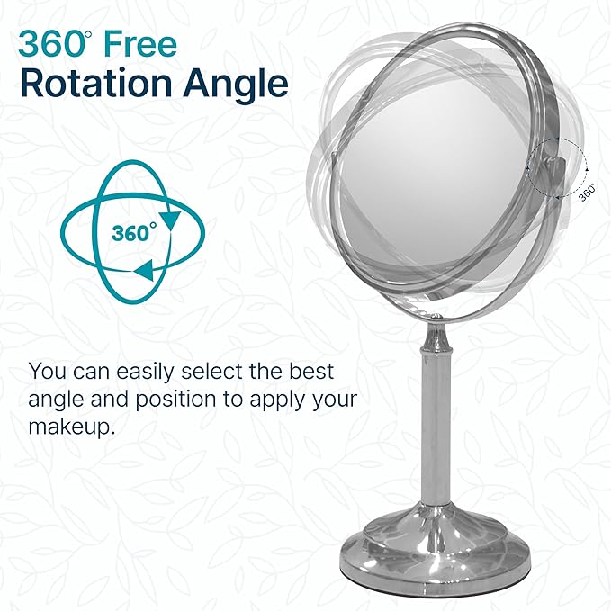 Indecor Home H Halston Stainless Steel Makeup Vanity Mirror 1X, 3X Magnification Round 360 Swivel Mirror for Desk, Bedroom, Bathroom Chrome
