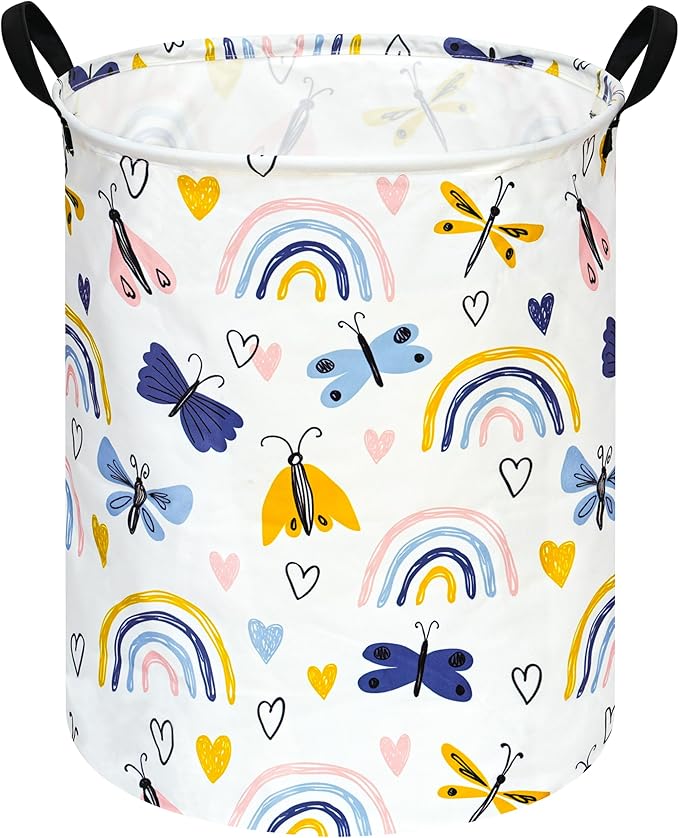 KUNRO Round Laundry Gift Basket Storage Hamper, Clothes Storage Organizer Bins, Shelf Basket with Handles for Room Decor (Dragonfly)