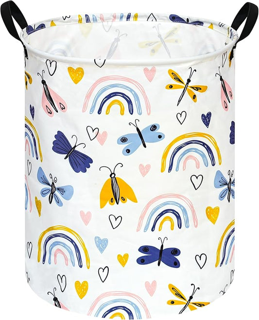 KUNRO Round Laundry Gift Basket Storage Hamper, Clothes Storage Organizer Bins, Shelf Basket with Handles for Room Decor (Dragonfly)
