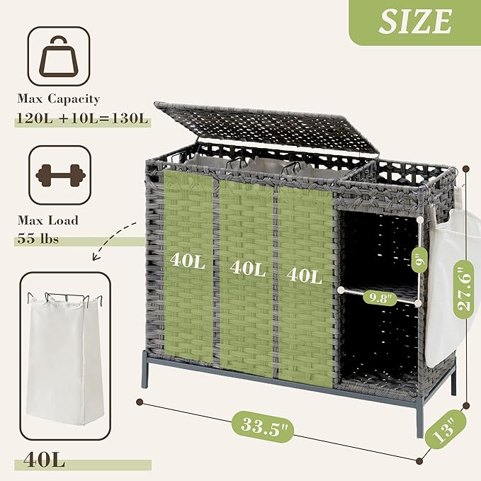Gitelsnour Laundry Hamper with Lid, 130L (34.4 Gal) Rattan Laundry Hamper 3 Section with 50L(13.2 Gal) Storage Shelf, Wicker Woven Laundry Sorter Basket with 4 Liner Bags and Handles, Natural GLH003N