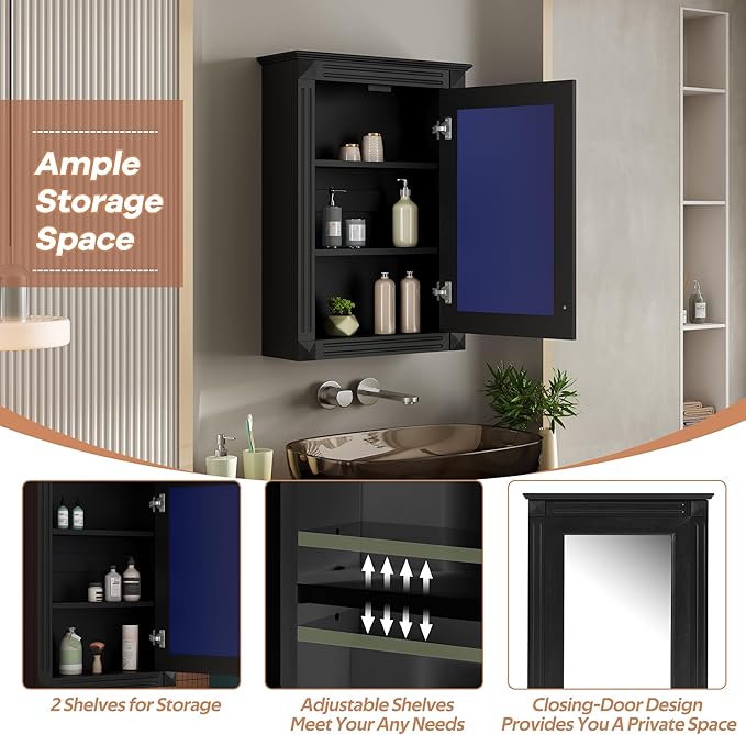 Merax Bathroom Medicine Cabinet with Mirror Door & Adjustable Shelves, 20" x 28" Wall Mounted Bathroom Storage Cabinet with Mirror, Over The Toilet