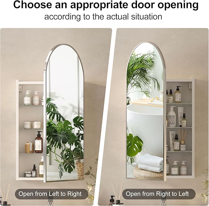 Arched Medicine Cabinets with Mirror,Wall Mounted Brushed Nickel Mirror Cabinet for Bathroom, Metal Edge,Arch Medicine Cabinet Mirror,Bathroom Mirror with Storage,16 x32 Inch