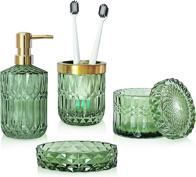 LaMarriti 4pcs Glass Bathroom Accessories Set, Clear Green Bathroom Soap Dispenser Set, Toothbrush Holder, Soap Dish, Soap Dispenser, Qtips Holder Set for Crystal Vintage Bath Decor (Green)