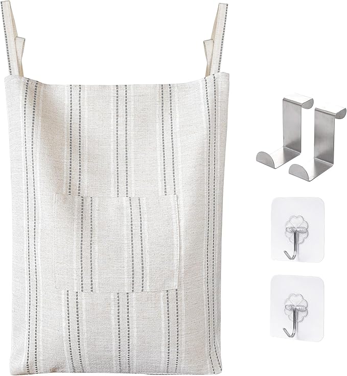 AELS Farmhouse Hanging Laundry Hamper with 2 Hooks, Boho Beige & Gray Stripes Laundry Bag with Zipper & Wide Open Top, Over the Door Organizer for Dirty Clothes, Washable Space Saving Storage