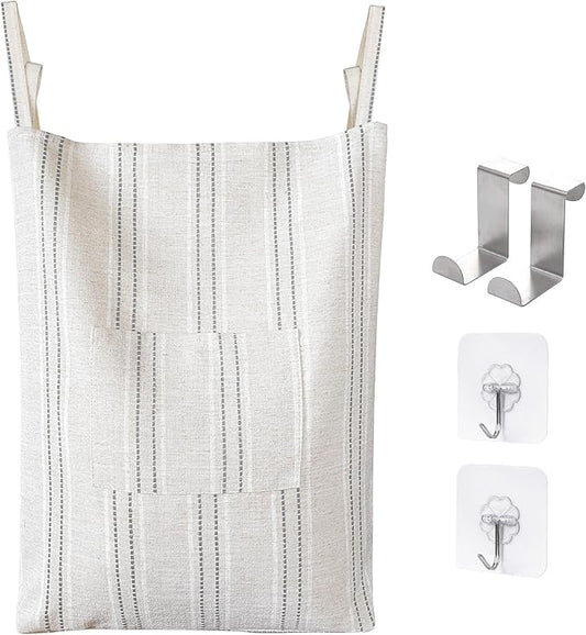 AELS Farmhouse Hanging Laundry Hamper with 2 Hooks, Boho Beige & Gray Stripes Laundry Bag with Zipper & Wide Open Top, Over the Door Organizer for Dirty Clothes, Washable Space Saving Storage