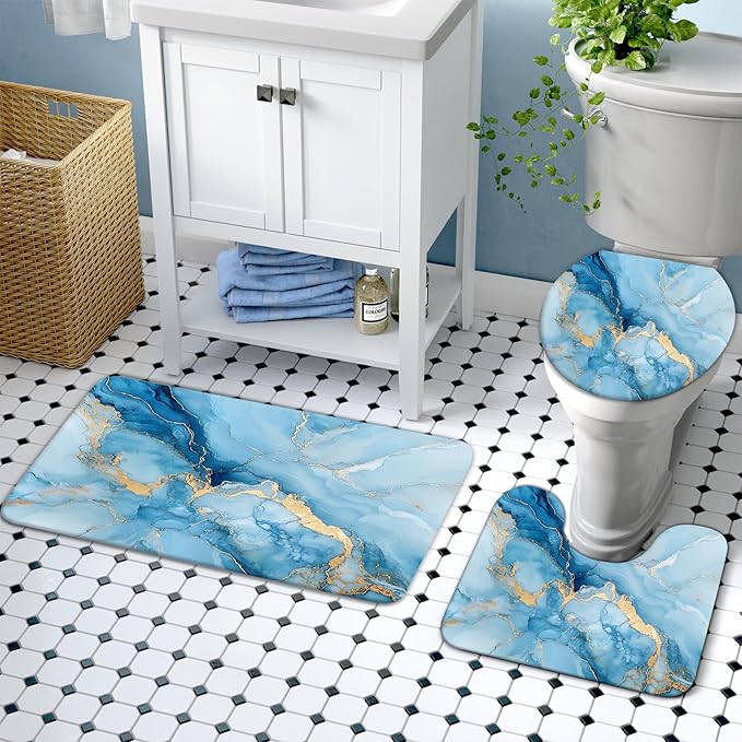 Lnond 4Pcs Marble Bathroom Sets with Shower Curtain and Rugs,Blue Gold Marble Modern Art Bathroom Shower Curtain Sets with Rugs and Accessories