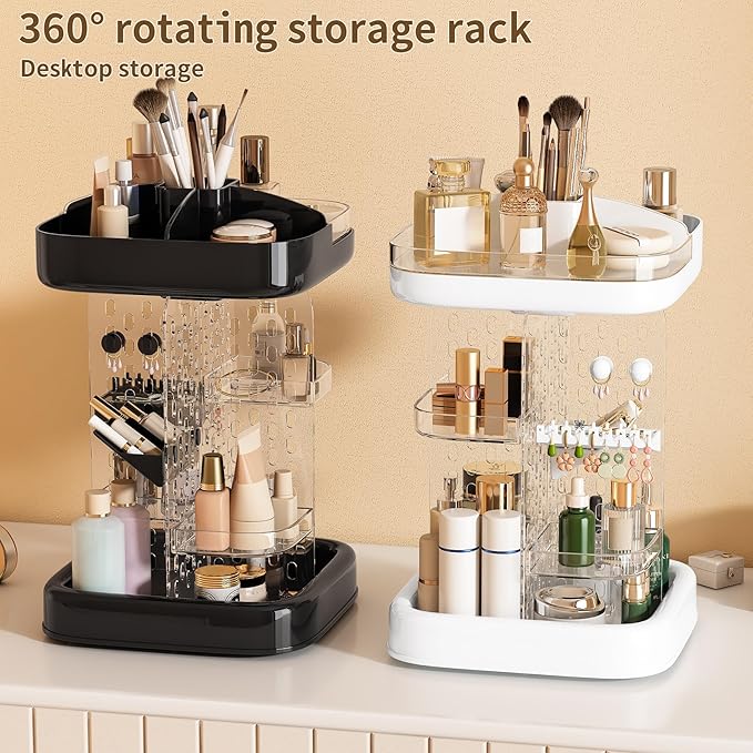 360 Rotating Makeup Organizer for Vanity & Countertop, Clear Adjustable Height Tiered Cosmetic and Skincare Storage, Spinning Perfume and Brush Holder, Jewelry Accessories Desktop Organizer, White
