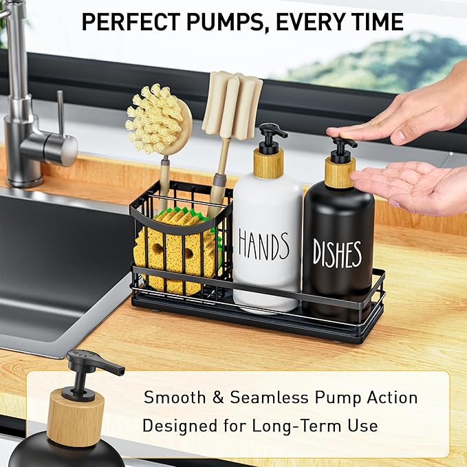 Moforoco Kitchen Dish Soap Dispenser Set, 16OZ Glass Bottle, Hand and Dish Soap Dispenser Set, Instant Dry Tray, Non-Slip Silicone Pad, Brush Holder with Sponge Holder, Kitchen Decor