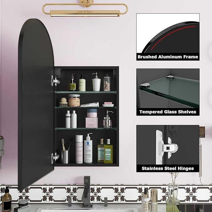 FKWin Arched Medicine Cabinet with Mirror,Bathroom Mirror with Storage,Aluminum Alloy Bathroom Cabinet,Modern Wall Mounted Medicine Cabinet with 3 Adjustable Shelves,Not Recessed, 29.5"x15.7",Black