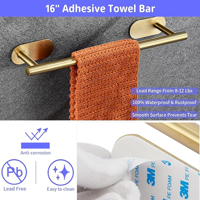 Bathroom Hardware Set, 16" Bathroom Towel Holder with Toilet Paper Holder, Towel Ring, Towel Hook, Bathroom Accessories for Kitchens, Laundry Rooms (5, Gold)