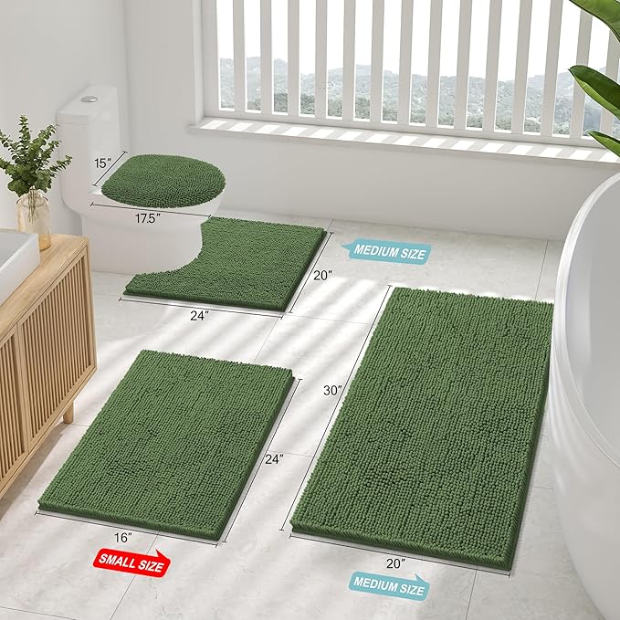 Smiry Luxury Chenille Bathroom Rugs 30x20, Extra Soft and Absorbent Shaggy Bath Mat, Machine Washable, Non-Slip Plush Carpet Runner for Tub, Shower, and Floor, Home Decor Accessories, Olive Green