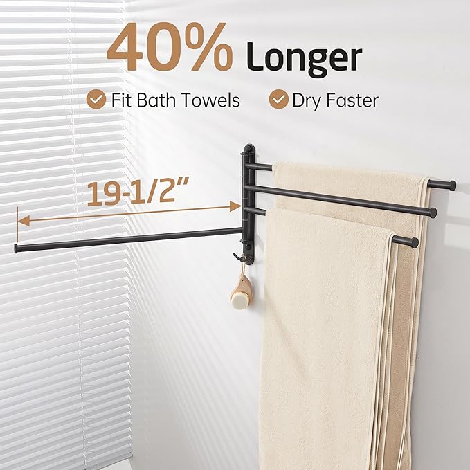 KES Extra Long 19.5" Swivel Towel Rack, Black Swing Arm Towel Bar 4-Arm, Swing Out Towel Rack for Bathroom Wall, Hand Towel Racks Wall Mounted 18/8 Stainless Steel Matte Black, A2103S4L50-BK
