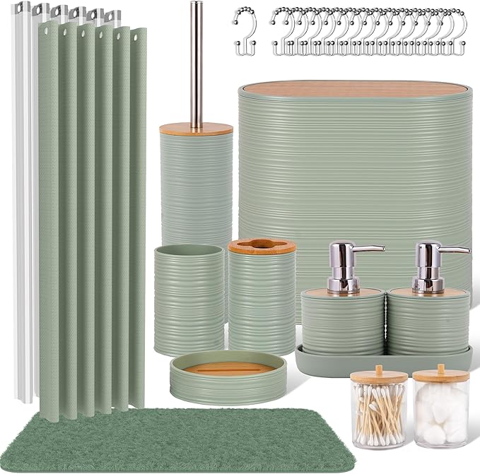 LightGreen Bathroom Set, 25 PCS Bathroom Accessories Set with Shower Curtains, Rugs, Trash Can, Toothbrush Holder, Soap Dispensers, Toothbrush Cup, Vanity Tray, Soap Dish, Toilet Brush, Qtip Holders