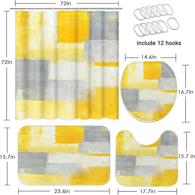 ArtSocket 4 Pcs Shower Curtain Set Yellow Grey Abstract Painting Gray Vintage Retro with Non-Slip Rugs Toilet Lid Cover and Bath Mat Bathroom Decor Set