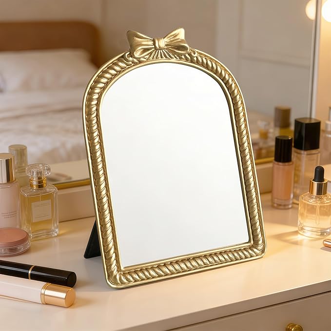 Gold Bow Resin Frame Mirror, Dual-Use Tabletop & Wall Mounted Vanity Mirror for Bedroom Living Room Decor