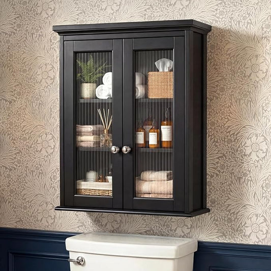 Wall Mounted Bathroom Cabinet with Fluted Glass Doors, Medicine Cabinet with Soft-Close Hinges, Space Saving Wall Organizer for Bathroom Above Toilet Storage (Black)