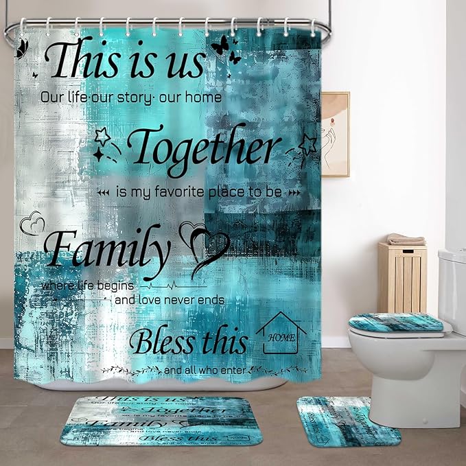 Lnond 4Pcs Bathroom Shower Curtain Sets with Rugs, Turquoise Motivational Home Family Bathroom Sets with Shower Curtain and Rugs and Accessories