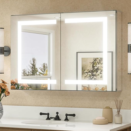 TETOTE LED Lighted Bathroom Medicine Cabinet Mirror with Lights 36 x 24 Recessed or Wall Mounted Cabinet with 2 Door, Tempered Glass, Outlets & USB, 3-Color Stepless Dimming, Defog, Adjustable Shelf