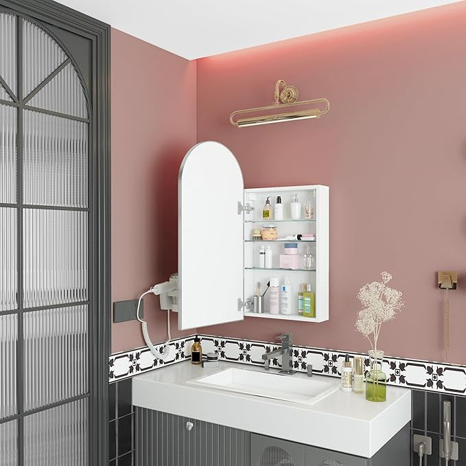FKWin Arched Sliver Bathroom Medicine Cabinet with Mirror, Left or Right Opening, Bathroom Vanity Mirrors with Storage, Surface Mount Medicine Cabinet not Recessed, Silver, 15.7x31.5 inch