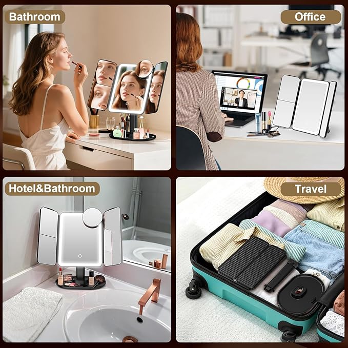 Mocado Makeup Mirror with Lights, 20X/7X/3X Magnifying Mirror with Light,Rechargeable & Height Adjustable Lighted Makeup Mirror,Vanity Mirror with 3 Colors Lights,Detachable Design for Travel(Black)