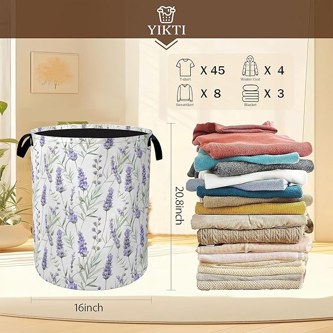 Collapsible Laundry Basket,Purple Lavender Flower Dirty Clothes Hamper,Rustic Spring Floral Hampers for Bedroom Waterproof Oxford Cloth Storage Organizer for Bathroom,Nursery,Dorm,16x20 Inch