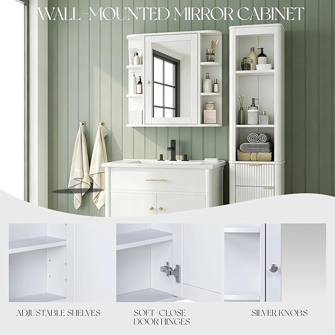 Merax Bathroom Wall Storage Cabinet with Mirror, 26 Inch Medicine Cabinet with Mirror Doors & Adjustable Wood Shelf, Space-Saving Modern Mounted Storage Cabinets with 6 Open Shelves, White