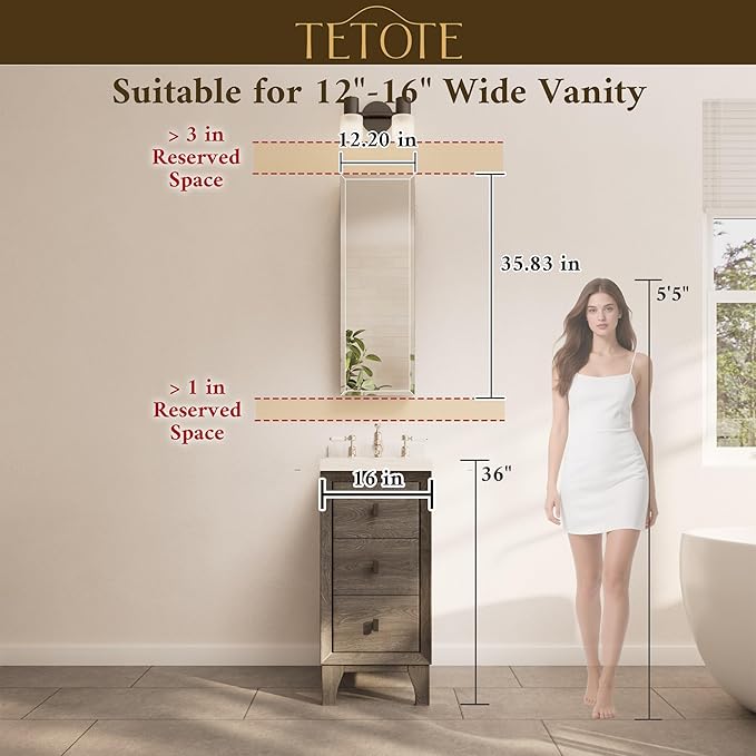 TETOTE 12 x 36 Bathroom Vanity Mirror Cabinet with Tempered Beveled MirrorSilverMedicine Cabinet Aluminum Cabinet DTC Hinges, Stepless Adjustable Shelves, Recessed/Surface-Mounted