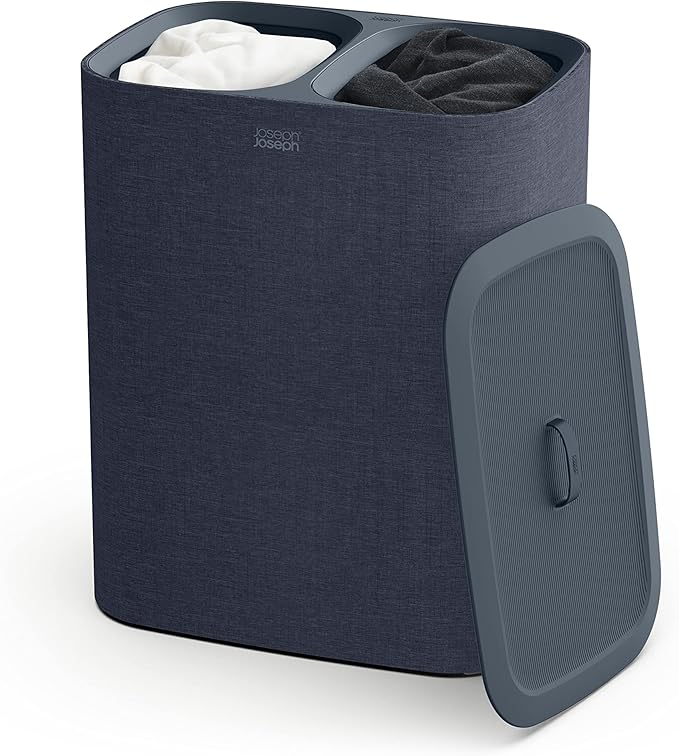 Joseph Joseph Tota 90 liter/23.8 gallon Laundry Hamper Separation Basket with lid, 2 Removable Washing Bags with Handles - Dark Blue