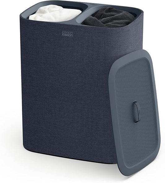 Joseph Joseph Tota 90 liter/23.8 gallon Laundry Hamper Separation Basket with lid, 2 Removable Washing Bags with Handles - Dark Blue
