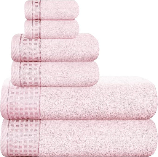 GLAMBURG 100% Cotton Ultra Soft 6 Pack Towel Set, Contains 2 Bath Towels 28x55 Inches, 2 Hand Towels 16x24 Inches & 2 Wash Coths 12x12 Inches, Compact Absorbent Lightweight & Quickdry - Pink