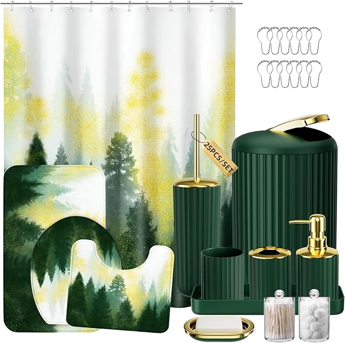 Green and Gold Bathroom Accessories, Bathroom Sets with Shower Curtain and Rugs, Bath Rugs Accessory Set with Bathroom Trash Can, Soap Dispenser, Soap Dish for Home Decor