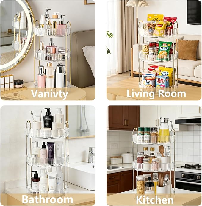 360° Rotating Makeup Organizer, 3 Tier Large Capacity Perfume Storage, Spinning Cosmetic Holder for Vanity Dresser, Skincare Display Stand for Bathroom Countertop