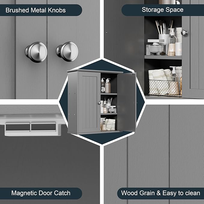 SUNLEI Bathroom Medicine Cabinet with 2 Doors, Bathroom Wall Cabinet with Storage, Space Saving Storage Cabinet with 3-Tier Shelves, Grey