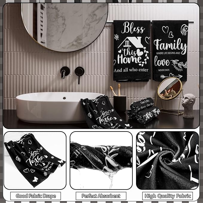Tatuo 8 Pcs Family Shower Curtain Set Black Home Theme Bathroom Accessories Sets Farmhouse Rustic Waterproof Shower Curtain with Towels Carpet Bath Mat Toilet Rugs and 12 Hooks Housewarming Gift