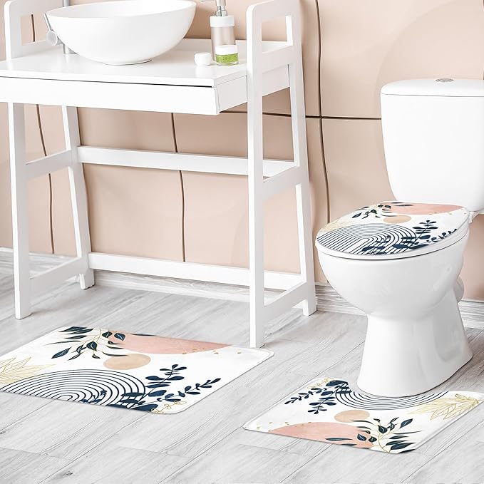 Riyidecor Boho Pink Navy Blue 4Pcs Shower Curtain Set with Toilet Lid Cover and Non-Slip Rugs, Mid Century Modern Minimalist Bathroom Decor Set，Abstract Contour and Bath Mat with 12 Hooks