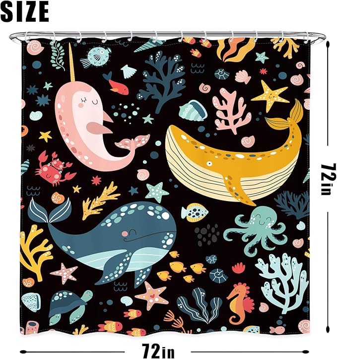 LGhtyro 4PCS Kids Whale Black 71Wx71H Inches Ocean Cartoon Fish Underwater Sealife Shower Curtain Sets with Rugs,Toilet Lid Cover and Bath Mat,Cute Bath Accessories Art Home Decor Fabric 12 Pack Hooks