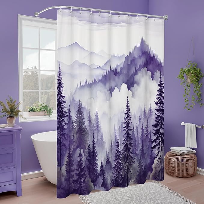 Purple Extra Long Misty Pine Forest Shower Curtain 72 x 84, XL Mountain Foggy Woodland Scenery Tree Shower Curtains for Bathroom, Abstract Waterproof Nature-Themed Decor
