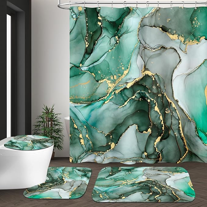 4PCS Emerald Green Marble Bathroom Sets with Shower Curtain and Rugs, Abstract Shower Curtain Sets with Rugs, Gold Bathroom Curtains Shower Set with Toilet Lid Cover Accessories