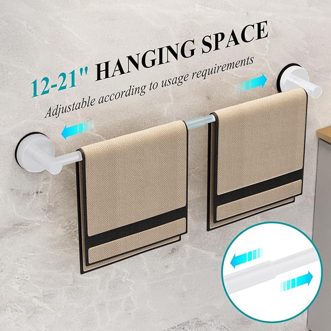 Towel Bar for Bathroom Wall,Adjustable 12~21 Inch Towel Racks for Bathroom Wall Mounted, Towel Holder for Glass Shower Door,Apparment Essentials,Home Decor-White(2pcs)
